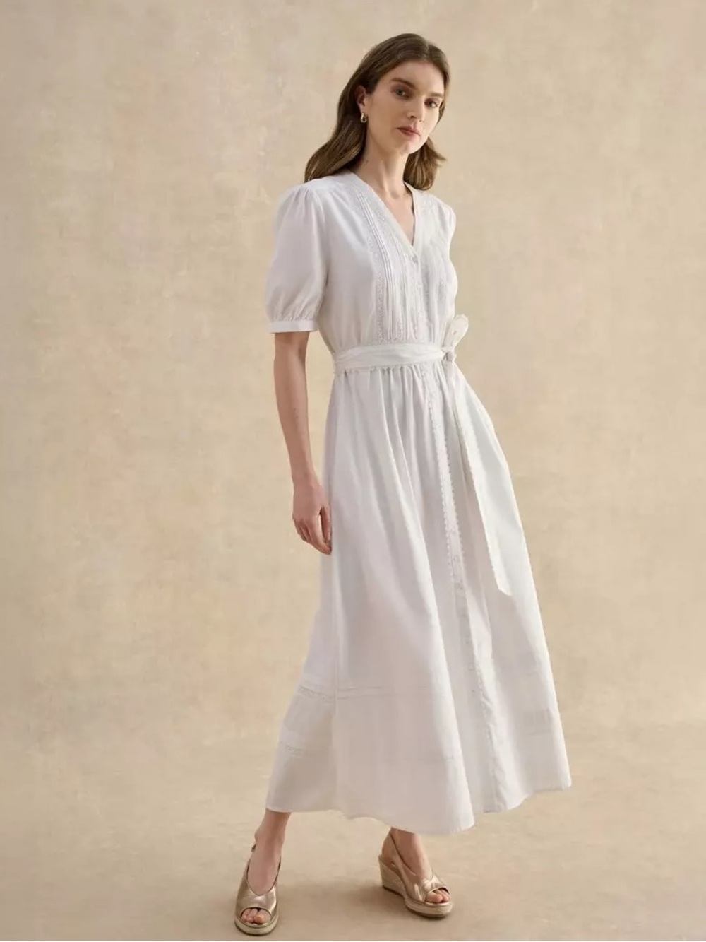 Hobbs London Thandie White Cotton Tie Waist Midi Dress Eyelet Trim US 6